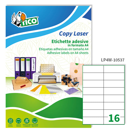 TICO - LP4W-10537 - Etichette adesive LP4W - permanenti - 105 x 37 mm - 16 et-fg - 100 fogli A4 - bianco - Tico