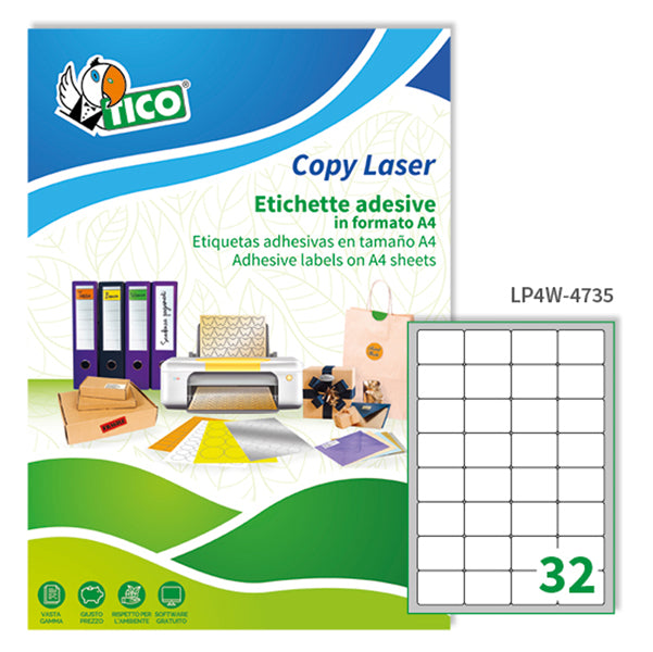 TICO - LP4W-4735 - Etichette adesive LP4W - permanenti - 47,5 x 35 mm - 32 et-fg - 100 fogli A4 - bianco - Tico
