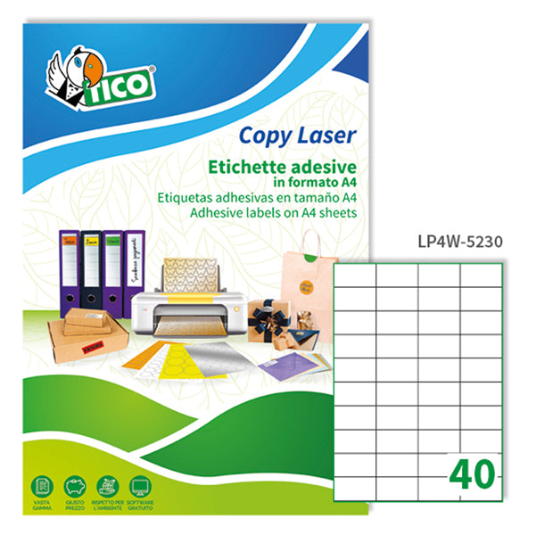 TICO - LP4W-5230 - Etichette adesive LP4W - permanenti - 52 x 30 mm - 40 et-fg - 100 fogli A4 - bianco - Tico