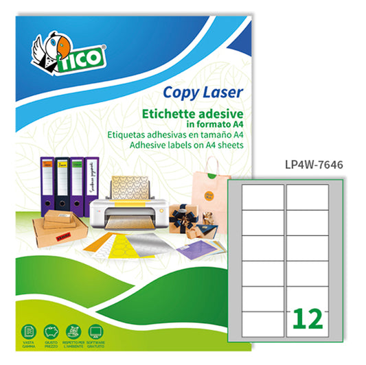 TICO - LP4W-7646 - Etichette adesive LP4W - permanenti - 76,2 x 46,4 mm - 12 et-fg - 100 fogli A4 - bianco - Tico