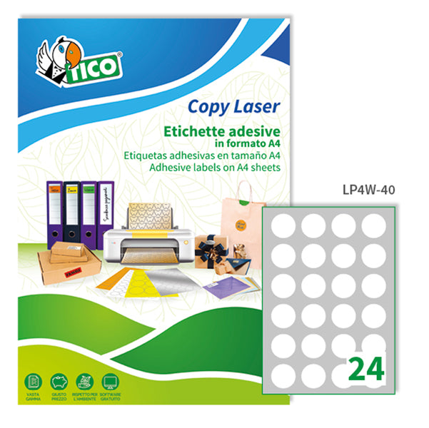 TICO - LP4W-40 - Etichette adesive LP4W - permanenti - diametro 40 mm - 24 et-fg - 100 fogli A4 - bianco - Tico