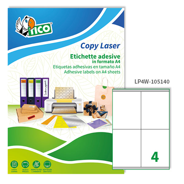 TICO - LP4W-105140 - Etichette adesive LP4W - permanenti - 105 x 140 mm - 4 et-fg - 100 fogli A4 - bianco - Tico