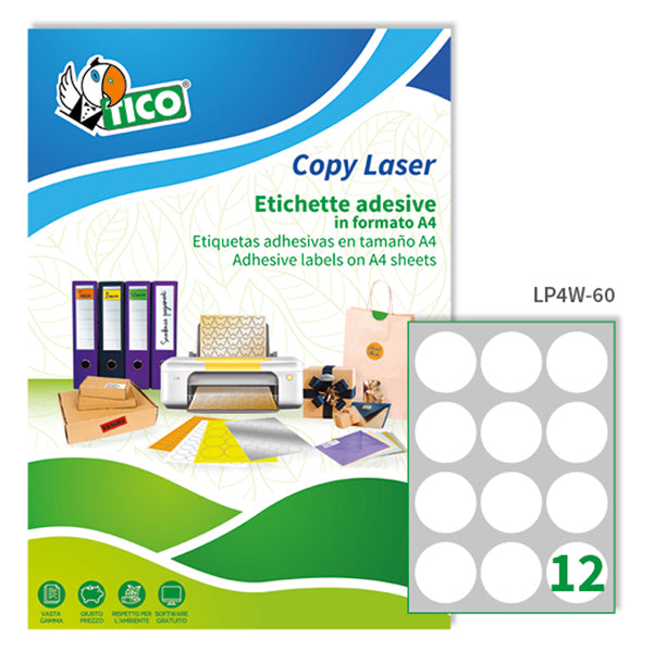 TICO - LP4W-60 - Etichette adesive LP4W - permanenti - diametro 60 mm - 12 et-fg - 100 fogli A4 - bianco - Tico