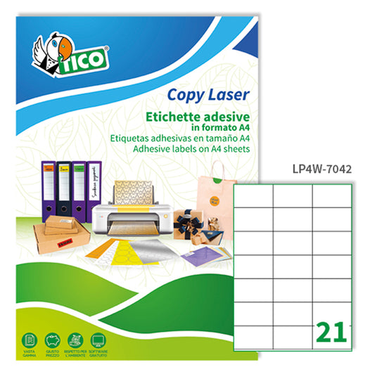TICO - LP4W-7042 - Etichette adesive LP4W - permanenti - 70 x 42,3 mm - 21 et-fg - 100 fogli A4 - bianco - Tico