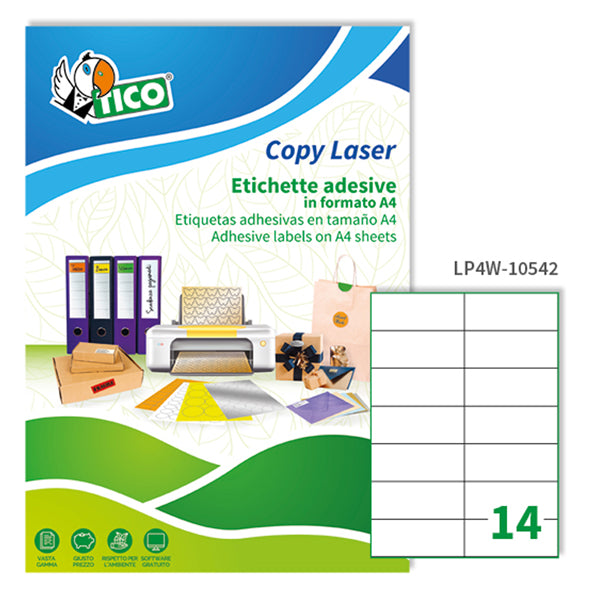 TICO - LP4W-10542 - Etichette adesive LP4W - permanenti - 105 x 42,3 mm - 14 et-fg - 100 fogli A4 - bianco - Tico