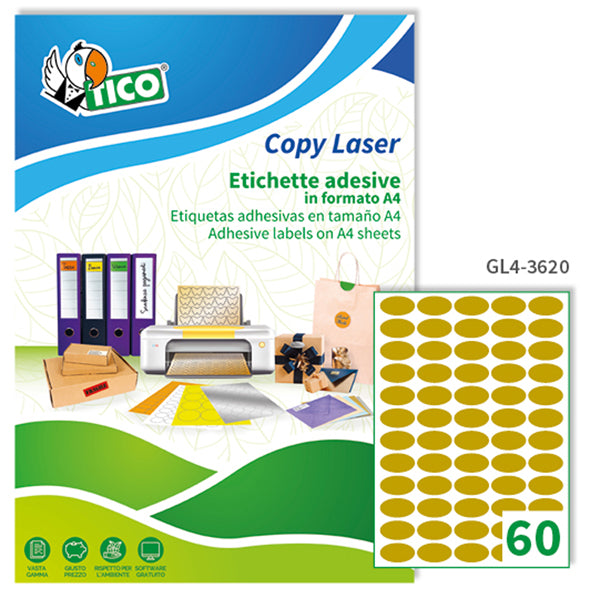TICO - GL4-3620 - Etichette adesive GL4 - permanenti - ovale - 36 x 20 mm - 60 et-fg - 100 fogli A4 - satinato oro - Tico