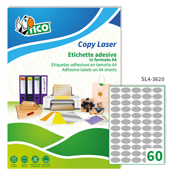 TICO - SL4-3620 - Etichette adesive SL4 - permanenti - ovale - 36 x 20 mm - 60 et-fg - 100 fogli A4 - satinato argento - Tico