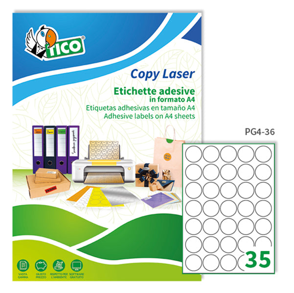 TICO - PG4-36 - Etichette adesive PG4 - permanenti - diametro 36 mm - 35 et-fg - 100 fogli A4 - bianco lucido - Tico