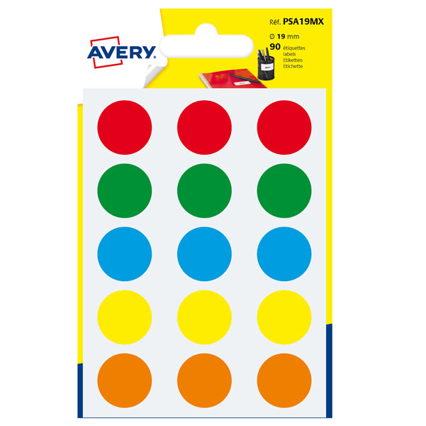 AVERY - PSA19MX - Etichette adesive PSA - permanenti - diametro 19 mm - 15 et-fg - 6 fogli - colori assortiti - Avery
