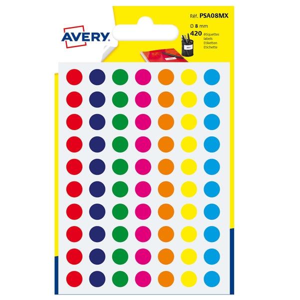 AVERY - PSA08MX - Etichette adesive PSA - permanenti - diametro 8 mm - 70 et-fg - 6 fogli - colori assortiti - Avery