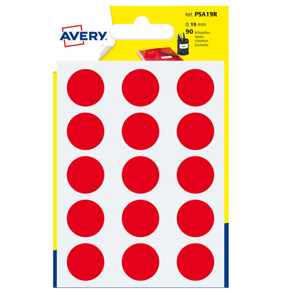 AVERY - PSA19R - Etichette adesive PSA - permanenti - diametro 19 mm - 15 et-fg - 6 fogli - rosso - Avery