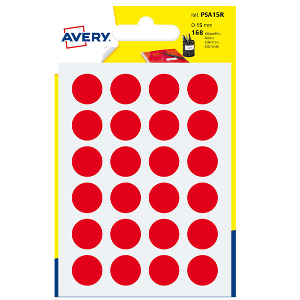 AVERY - PSA15R - Etichette adesive PSA - permanenti - diametro 15 mm - 24 et-fg - 7 fogli - rosso - Avery
