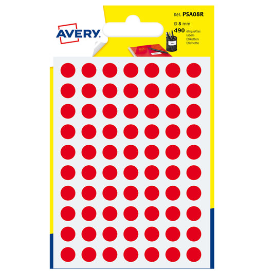 AVERY - PSA08R - Etichette adesive PSA - permanenti - diametro 8 mm - 70 et-fg - 7 fogli - rosso - Avery