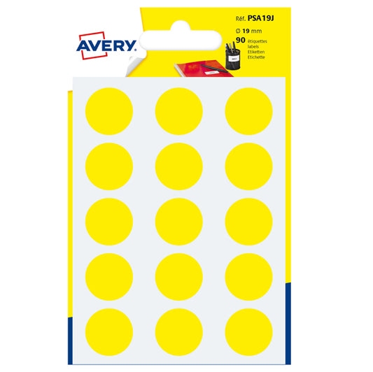 AVERY - PSA19J - Etichette adesive PSA - permanenti - diametro 19 mm - 15 et-fg - 6 fogli - giallo - Avery