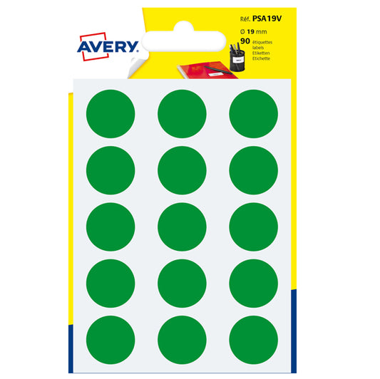 AVERY - PSA19V - Etichette adesive PSA - permanenti - diametro 19 mm - 15 et-fg - 6 fogli - verde - Avery