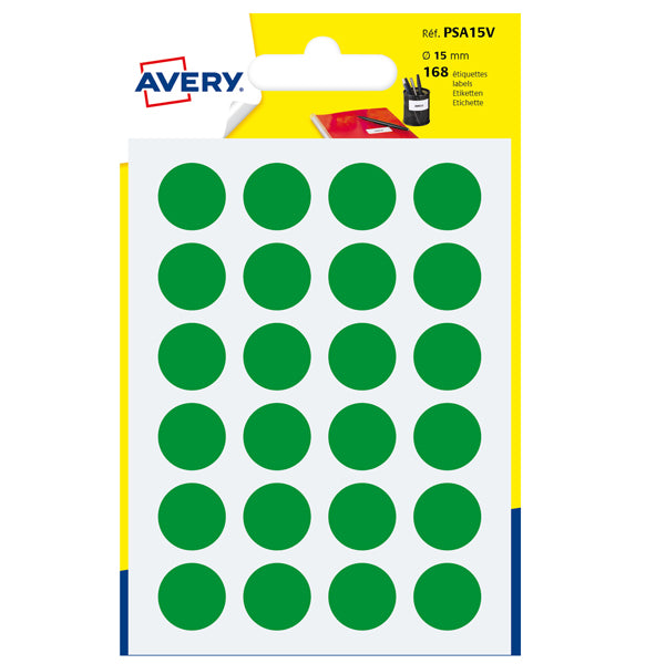 AVERY - PSA15V - Etichette adesive PSA - permanenti - diametro 15 mm - 24 et-fg - 7 fogli - verde - Avery