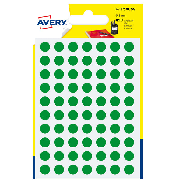 AVERY - PSA08V - Etichette adesive PSA - permanenti - diametro 8 mm - 70 et-fg - 7 fogli - verde - Avery