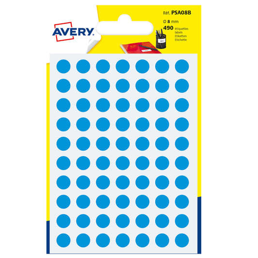 AVERY - PSA08B - Etichette adesive PSA - permanenti - diametro 8 mm - 70 et-fg - 7 fogli - blu - Avery