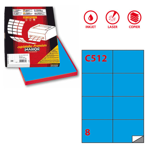 MARKIN - X210C512BL - Etichette adesive C512 - permanenti - 105 x 74,25 mm - 8 et-fg - 100 fogli A4 - blu - Markin