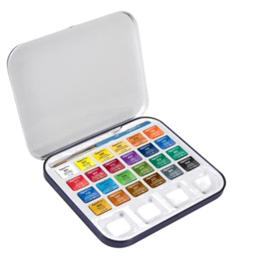 DALER ROWNEY - D131900924 - Acquerelli Aquafine - colori assortiti - Daler Rowney -  scatola metallo 24 acquerelli + pennello + tavolozza