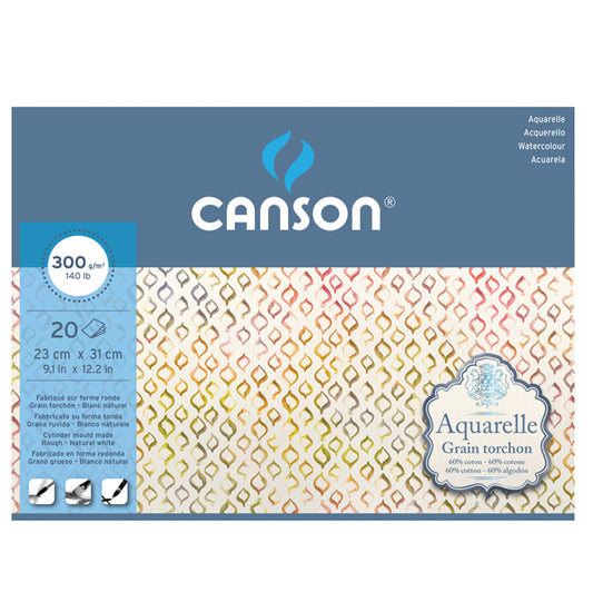 CANSON - 400106442 - Blocco collato 4 lati Aquerelle - 23x31 cm - 300 gr - 20 fogli - grana ruvida - Canson