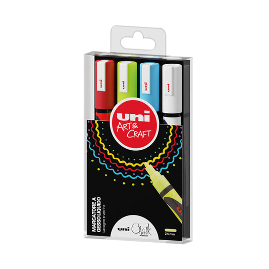 UNI MITSUBISHI - M PWE5M 4P - Marcatore a gesso liquido Uni Chalk Marker - punta tonda 1,80 - 2,50 mm - Uni Mitsubishi - busta 4 pezzi