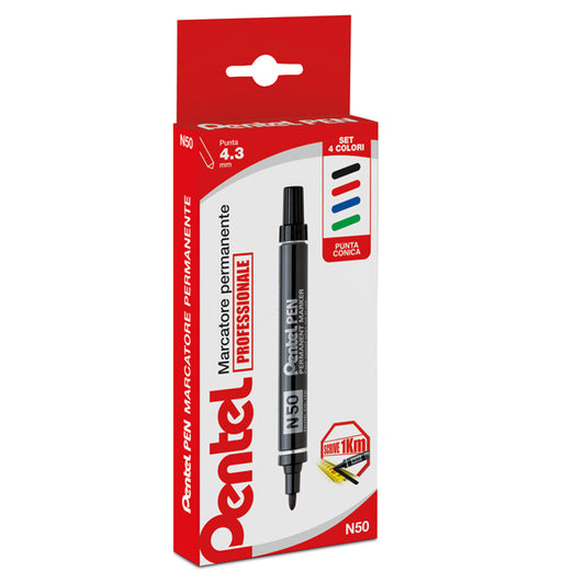 PENTEL - 0050503 - Marcatore permanente N50 - punta tonda - astuccio 4 colori assortiti - Pentel
