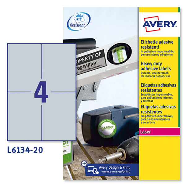 AVERY - L6134-20 - Etichette adesive L6134 - permanenti - per stampanti laser - 105 x 148 mm - 4 et-fg - 20 fogli A4 - poliestere - argento - Avery