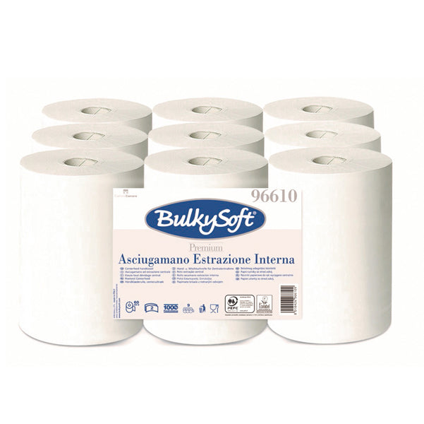 BulkySoft - 96610.E21 - Asciugamani in rotolo Premium - Mini - 2 veli - goffratura micro - 19 gr - diametro 13 cm - 21,5 cm x 60 mt - bianco - BulkySoft