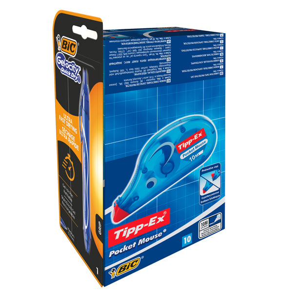 TIPP-EX - 989680 - Correttore a nastro Pocket Mouse Tipp-Ex + penna Gelocity QuickDry Bic - promo box 10 + 1 pezzi