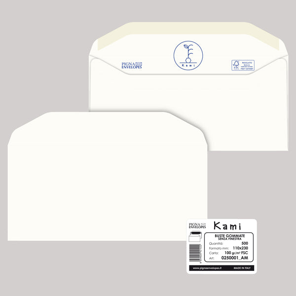 PIGNA - 0250001AM - Busta Kami Gommata - senza finestra - 11 x 23 cm - 100 gr - carta riciclata FSC  - bianco - Pigna - conf. 500 pezzi