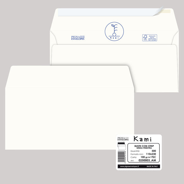 PIGNA - 0250003AM - Busta a sacco Kami Strip - senza finestra - 11 x 23 cm - 100 gr - carta riciclata FSC  - bianco - Pigna - conf. 500 pezzi