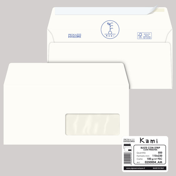 PIGNA - 0250004AM - Busta a sacco Kami Strip - con finestra - 11 x 23 cm - 100 gr - carta riciclata FSC  - bianco - Pigna - conf. 500 pezzi