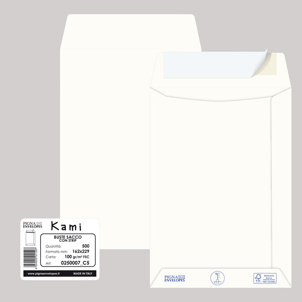 PIGNA - 0250007C5 - Busta a sacco Kami Strip - 16,2 x 22,9 cm - 100 gr - carta riciclata FSC  - bianco - Pigna - conf. 500 pezzi