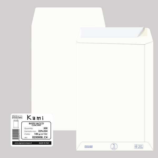 PIGNA - 0250008C4 - Busta a sacco Kami Strip - 22,9 x 32,4 cm cm - 100 gr - carta riciclata FSC  - bianco - Pigna - conf. 500 pezzi