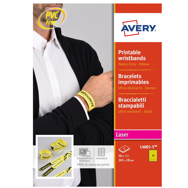 AVERY - L4001-5 - Braccialetti identificativi stampabili - giallo - 5 fogli - 10 et-fg - A4 - Avery