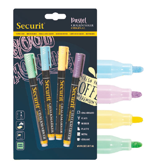 SECURIT - BL-SMA100-V4-PAS - Marcatore a gesso liquido - punta fine da 1,00 - 2,00 mm - colori assortiti pastello - Securit - blister 4 pezzi
