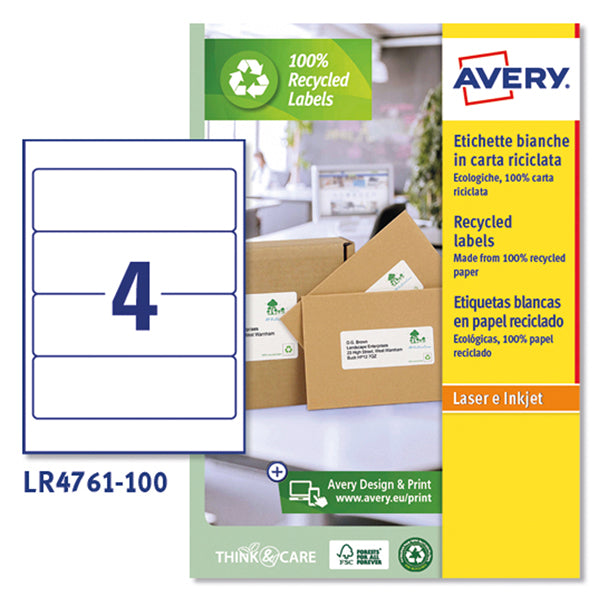AVERY - LR4761-100 - Etichette per raccoglitori - per stampanti laser - 61 x 192 mm - 4 et-fg - 100 fogli - carta riciclata - bianco - Avery