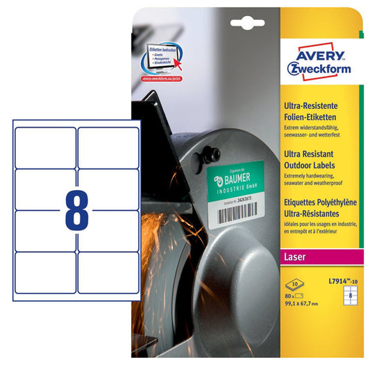 AVERY - L7914-10 - Etichette protezione e sicurezza - per stampati laser - 99,1 x 67,7 mm - 8 et-fg - 10 fogli - polietilene - bianco - Avery