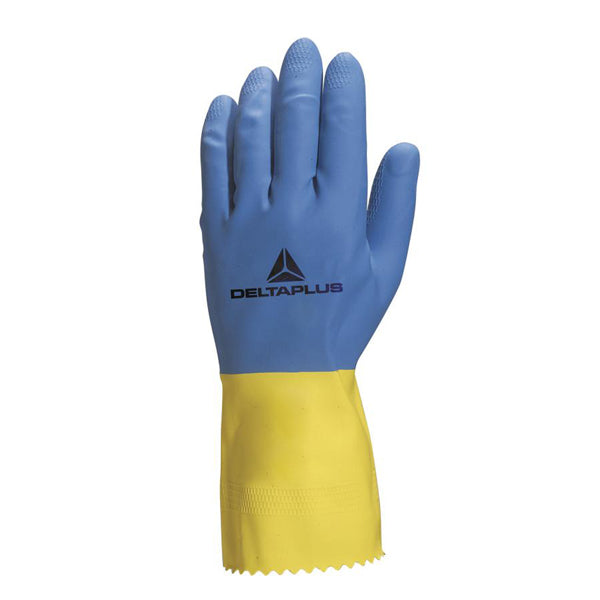 DELTAPLUS - VE330BJ08 - Guanti da lavoro industriale Duocolor 330 - lattice floccato cotone - taglia 08-09 - blu-giallo - Deltaplus
