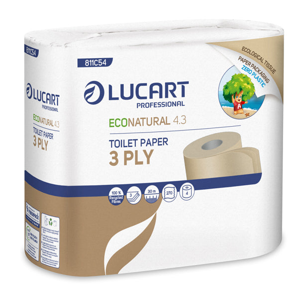 Lucart - 811C54 - Carta igienica EcoNatural 4.3 Plastic Free - 270 strappi - Lucart - pacco 4 rotoli