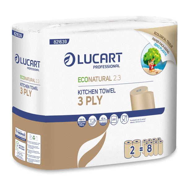 Lucart - 821639 - Asciugatutto EcoNatural 2.3 Plastic Free - 200 strappi - Lucart - pacco 2 rotoli