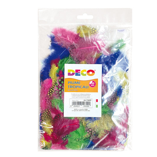 DECO - 12609 - Piume tropicali - dimensione 50-100 mm - colori assortiti - DECO - conf. 100 pezzi