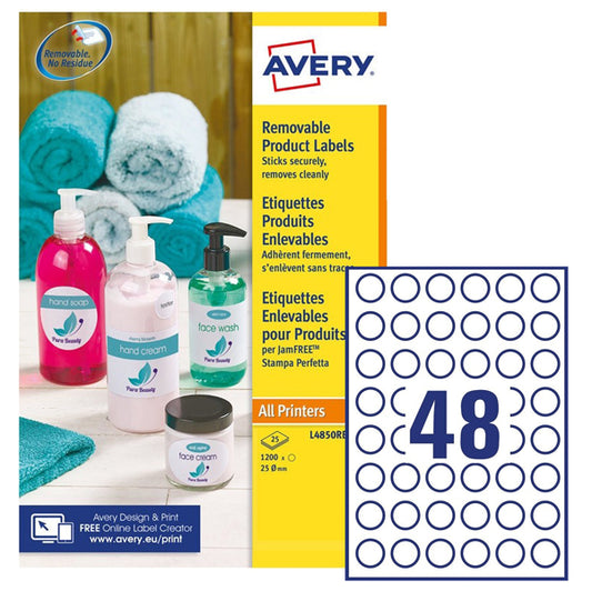 AVERY - L4850REV-25 - Etichette adesive L4850 - rimovibili - per stampati laser-inkjet - diametro 25 mm - 48 et-fg - 25 fogli A4 - carta - bianco - Avery
