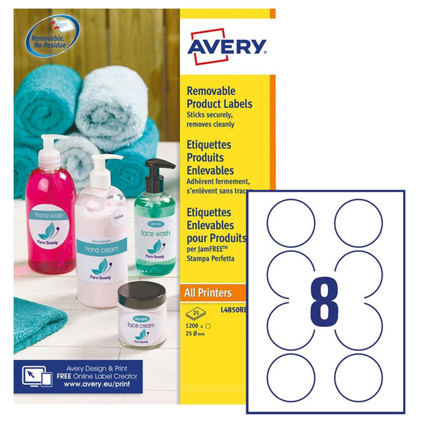AVERY - L4852REV-25 - Etichette adesive L4850 - rimovibili - per stampati laser-inkjet - diametro 63,5 mm - 8 et-fg - 25 fogli A4 - carta - bianco - Avery