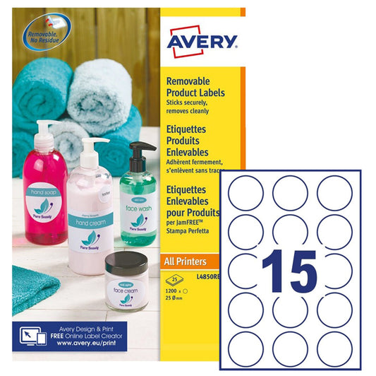 AVERY - L4853REV-25 - Etichette adesive L4850 - rimovibili - per stampati laser-inkjet - diametro 51 mm - 15 et-fg - 25 fogli A4 - carta - bianco - Avery