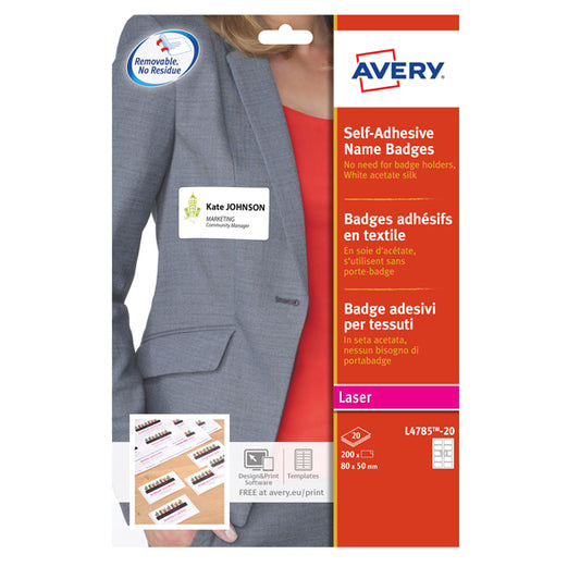 AVERY - L4785-20 - Etichette badge - rimovibili - per stampanti laser - 80 x 50 mm - 10 et-fg - 20 fogli A4 - seta acetata - bianco - Avery