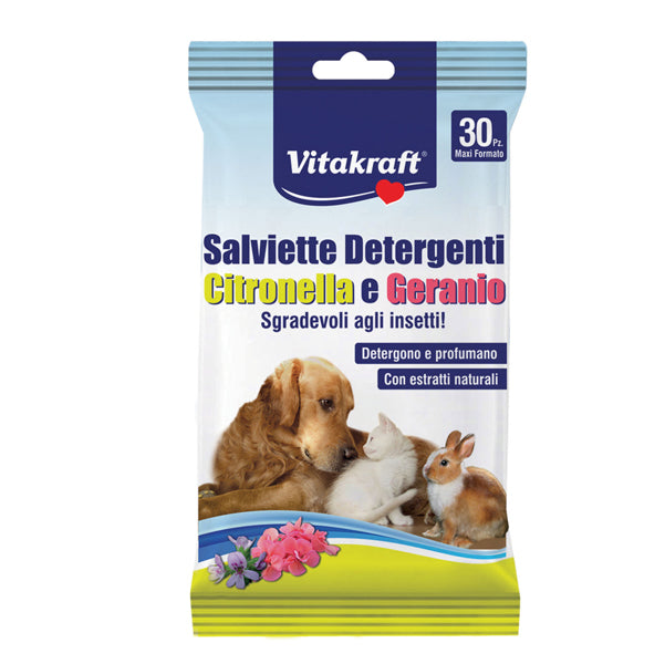 Vitakraft - 22888 - Salviette detergenti per pelo di animali (cani, gatti, roditori) - citronella e geranio - Vitakraft - conf. 30 pezzi
