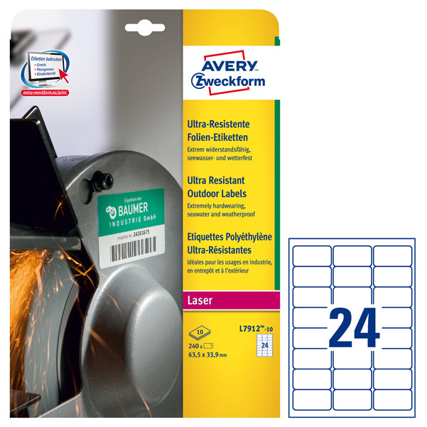 AVERY - L7912-10 - Etichette adesive - permanenti - per stampanti laser - 63,5 x 33,9 mm - 24 et-fg - 10 fogli - polietilene - bianco - Avery