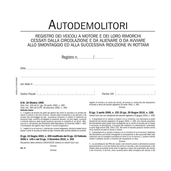 DATA UFFICIO - DU134020000 - Registro autodemolitori - 200 pagine numerate - DU134020000 - Data Ufficio